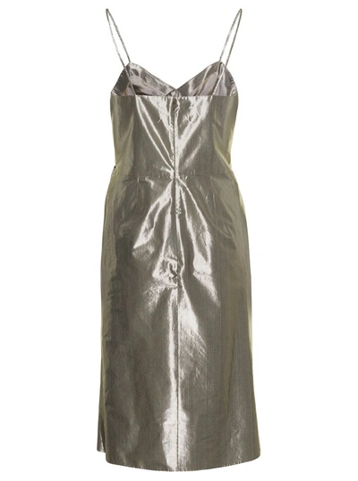 Shop Maison Margiela Midi Ivory Dress With Bow Detail In Metallic Lurex In Grey
