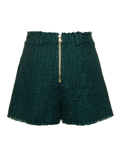 Shop Balmain Green Tweed Shorts With Aged-gold Buttons In Wool Blend In Black