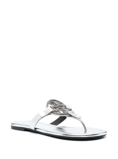 Shop Tory Burch Miller' Silver-tone Thong Sandal With Crystal Embellished Logo In Metallic Leather In White