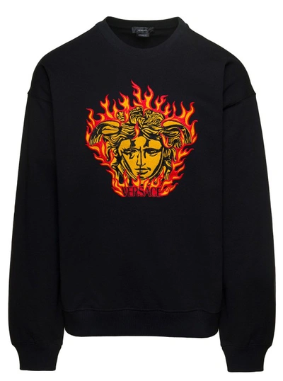 Shop Versace Black Crewneck Sweatshirt With Medusa Print In Cotton