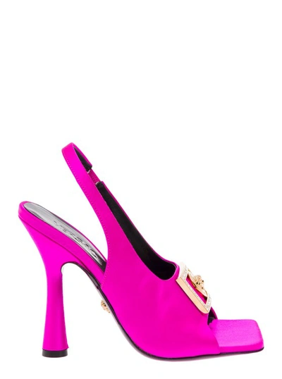 Shop Versace Pink Satin Sandals With Medusa Detail