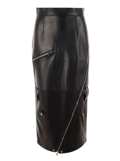 Shop Alexander Mcqueen Long Black Skirt With Zip Embellishment In Smooth Leather