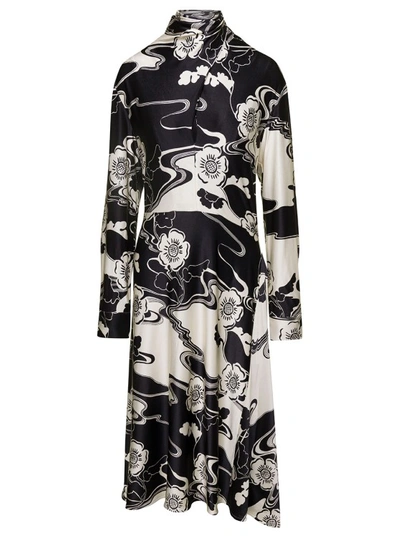 Shop Jil Sander Midi Black And White Floreal Printed Dress With High Neck In Viscose Blend