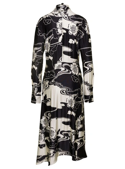 Shop Jil Sander Midi Black And White Floreal Printed Dress With High Neck In Viscose Blend