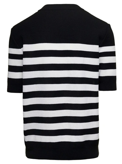 Shop Balmain Black And White Stripe T-shirt With Logo Embroidery In Wool