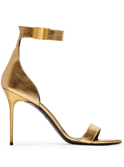 Shop Balmain Gold-colored Sandals With Logo And Stiletto Heel In Laminated Leather In Brown