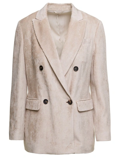 Shop Brunello Cucinelli Beige Double-breasted Jacket With Flap Pockets In Velvet In Pink