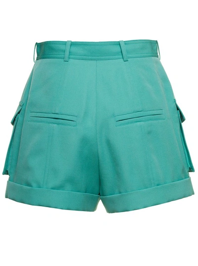 Shop Balmain Light Blue Shorts With Cuff And Jewel Buttons In Wool