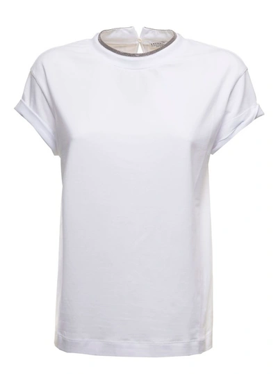 Shop Brunello Cucinelli White Cotton T-shirt With Monile Crew Neck