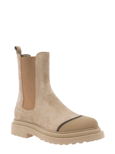 Shop Brunello Cucinelli Beige Bootie With Stretch Inserts And Strass In Suede In Pink