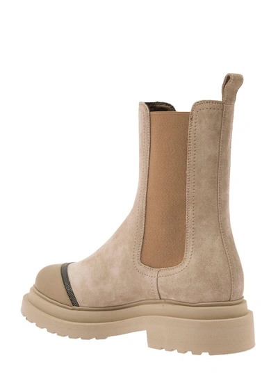 Shop Brunello Cucinelli Beige Bootie With Stretch Inserts And Strass In Suede In Pink