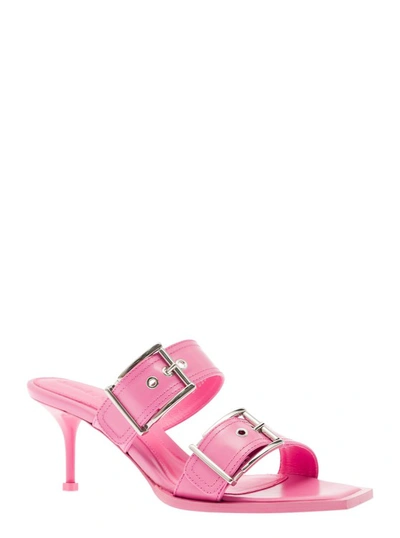Shop Alexander Mcqueen Punk' Pink Sandals With Double Strap And Metal Buckles In Leather