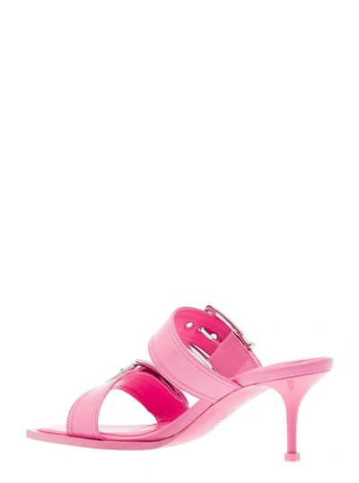 Shop Alexander Mcqueen Punk' Pink Sandals With Double Strap And Metal Buckles In Leather