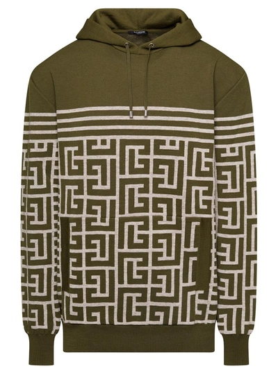 Shop Balmain Military Green Hoodie With Monogram And Stripes In Wool And Linen In Black