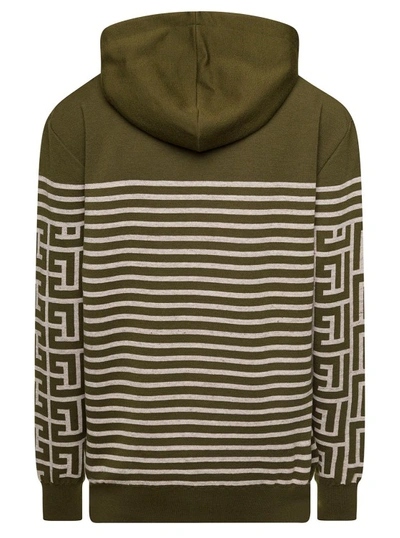 Shop Balmain Military Green Hoodie With Monogram And Stripes In Wool And Linen In Black