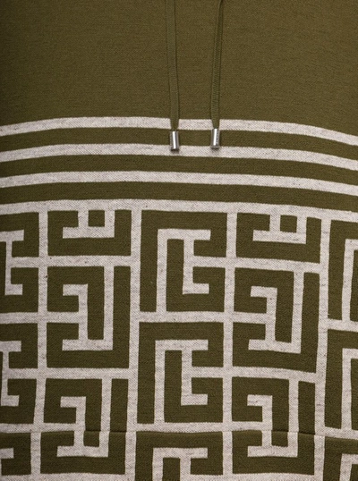 Balmain Military Green Hoodie With Monogram And Stripes In Wool And Linen Man In Black