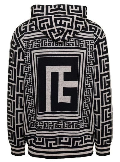 Shop Balmain Black And White Hoodie With Maxi Monogram In Jacquard Wool And Linen Blend