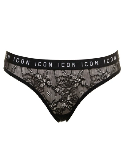 Shop Dsquared2 Black Lace Briefs With Logo Print In Grey