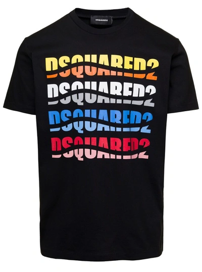 Shop Dsquared2 Black Crewneck T-shirt With Color Wave Print In Cotton