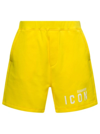 Shop Dsquared2 Yellow Shorts With Contrasting Logo Print In Cotton In Gold