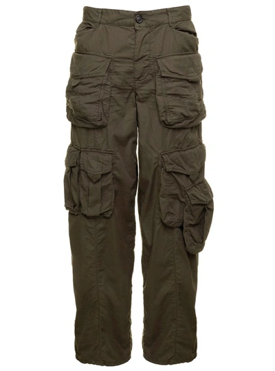 Shop Dsquared2 Military Green Low Waisted Cargo Pants With Branded Buttons In Stretch Cotton In Black