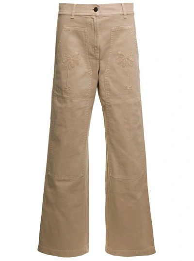 Shop Palm Angels Beige 'cargo' Pants With Embroidered In Cotton Denim In Neutrals