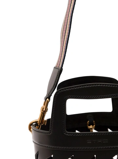 Shop Etro Black Bucket Bag With Multicolor Shoulder Strap And Pegasus Detail In Perforated Leather