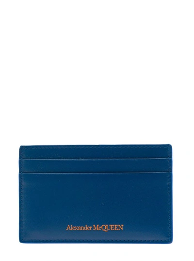 Shop Alexander Mcqueen Blue Card-holder With Embossed Logo In Smooth Leather