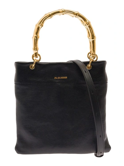 Shop Jil Sander Black Tote Bag With Bamboo Handles In Leather