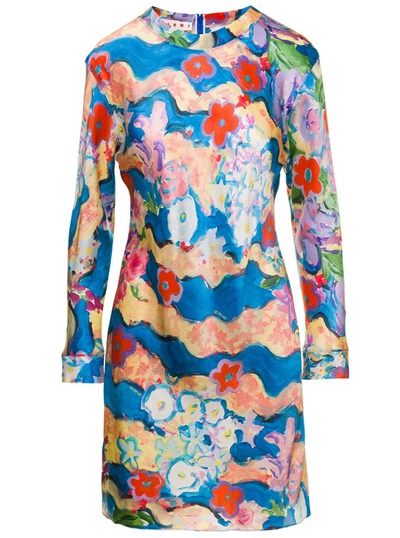 Shop Marni Multicolor Long Sleeves Mini Dress With Julie Print In Neutrals