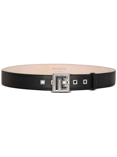 Shop Balmain Black Belt With Logo Buckle In Smooth Leather