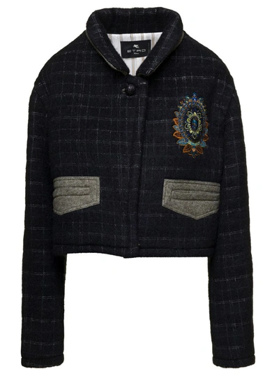 Shop Etro Black Cropped Jacket With Embroidery And Check Motif In Wool Blend