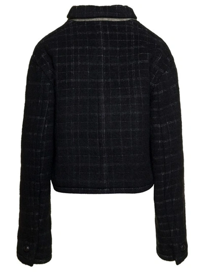 Shop Etro Black Cropped Jacket With Embroidery And Check Motif In Wool Blend