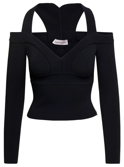 Shop Alexander Mcqueen Black Cropped Top With Cut-out Details Black In Jersey Stretch
