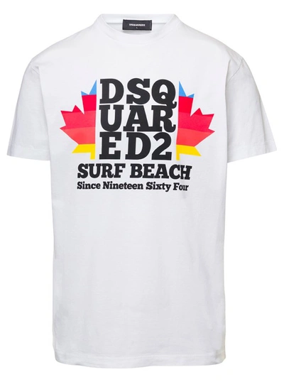 Shop Dsquared2 White Crew Neck T-shirt With D2 Surf Beach Logo On The Chest In Cotton