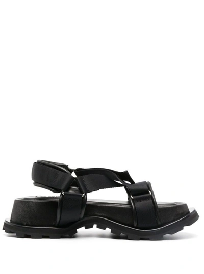 Shop Jil Sander Black Hiking Platform Sandals With Touch Strap In Leather