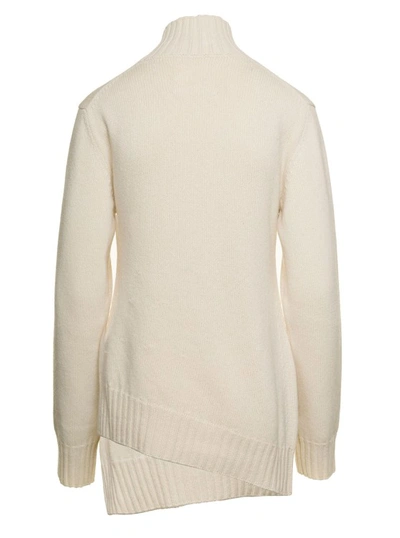 Shop Jil Sander White Mock Neck Jumper With Asymmetric Hem In Wool In Neutrals