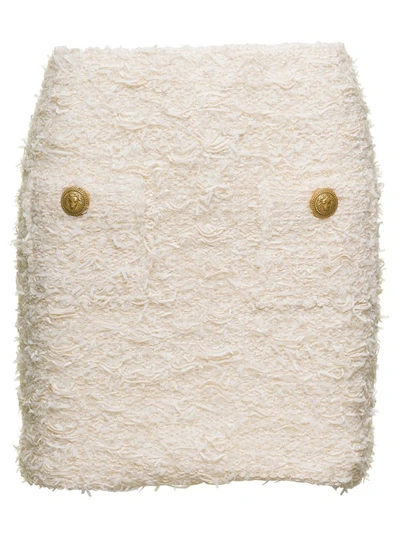 Shop Balmain White Tweed High-waisted Miniskirt With Pockets In Cotton Blend In Neutrals