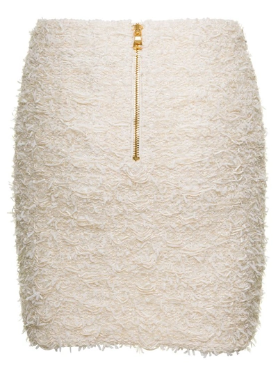 Shop Balmain White Tweed High-waisted Miniskirt With Pockets In Cotton Blend In Neutrals