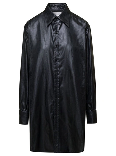 Shop Maison Margiela Long Black Shirt With Classic Collar In Faux Leather