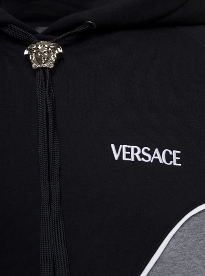 Shop Versace Black And Grey Hoodie With Medusa Drawstring In Cotton
