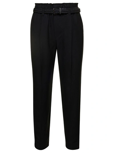 Shop Brunello Cucinelli Black Cropped Pull-up Pants With Belt In Rayon Blend