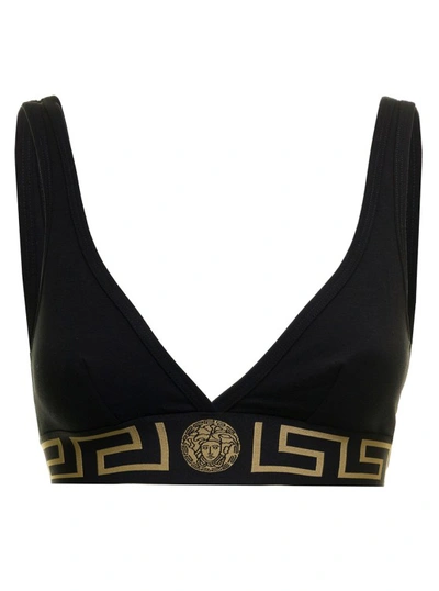 Shop Versace Black Stretch Cotton Top With Greek Insert Detail