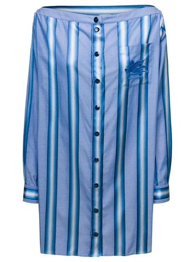 Shop Etro Mini Light Blue Off-the-shoulders Striped Shirt Dress In Cotton And Silk