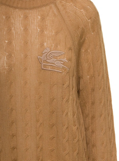 Shop Etro Beige Braided Pullover With Embroidered Logo On The Chest In Cashmere In Brown