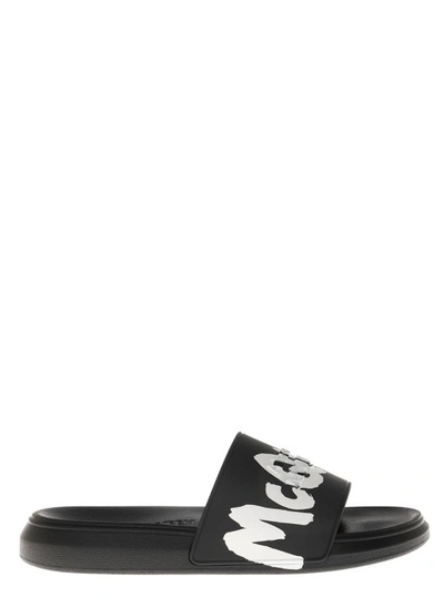 Shop Alexander Mcqueen Black Rubber Slide Sandals With Logo