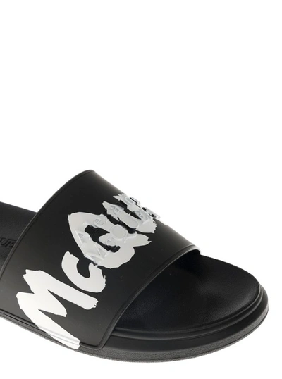 Shop Alexander Mcqueen Black Rubber Slide Sandals With Logo