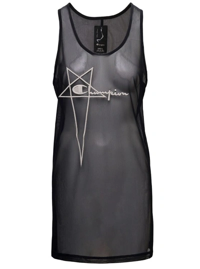 Shop Rick Owens Basketball' Mini Black Dress With Pentagram Embroidery At The Front In Micromesh In Grey