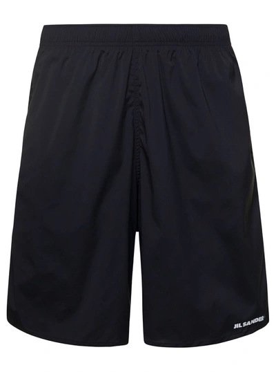 Shop Jil Sander Black Shorts With Elasticated Waist And Logo Print In Stretch Polyamide