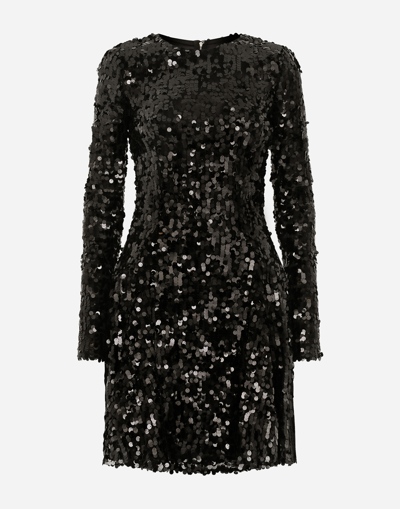 Dolce & Gabbana Short Long-sleeved Sequined Dress In Black